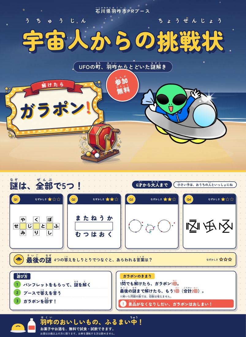 A2ポスター。「宇宙人からの挑戦状」の題字、ガラポンの看板、Q1からQ4までの謎のカードと遊び方