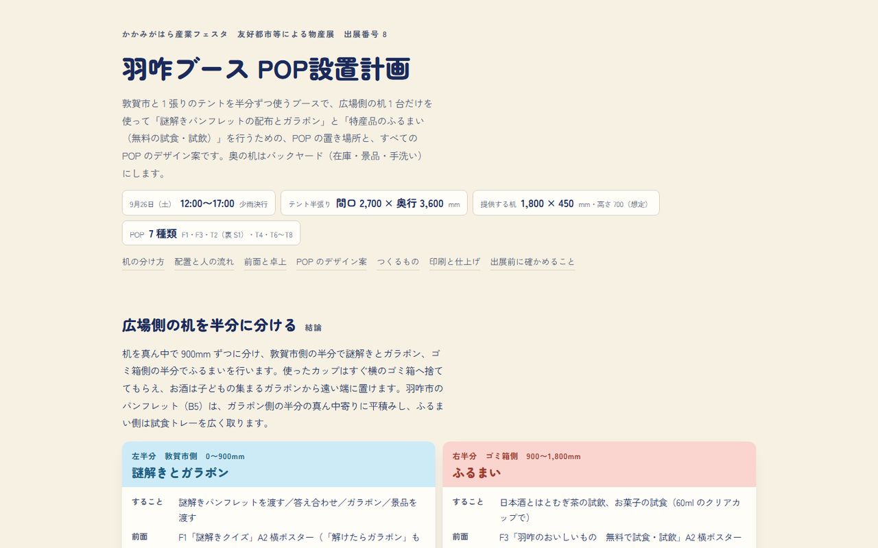 羽咋ブースPOP設置計画のページ。テントと机の寸法、POP 7種類の一覧